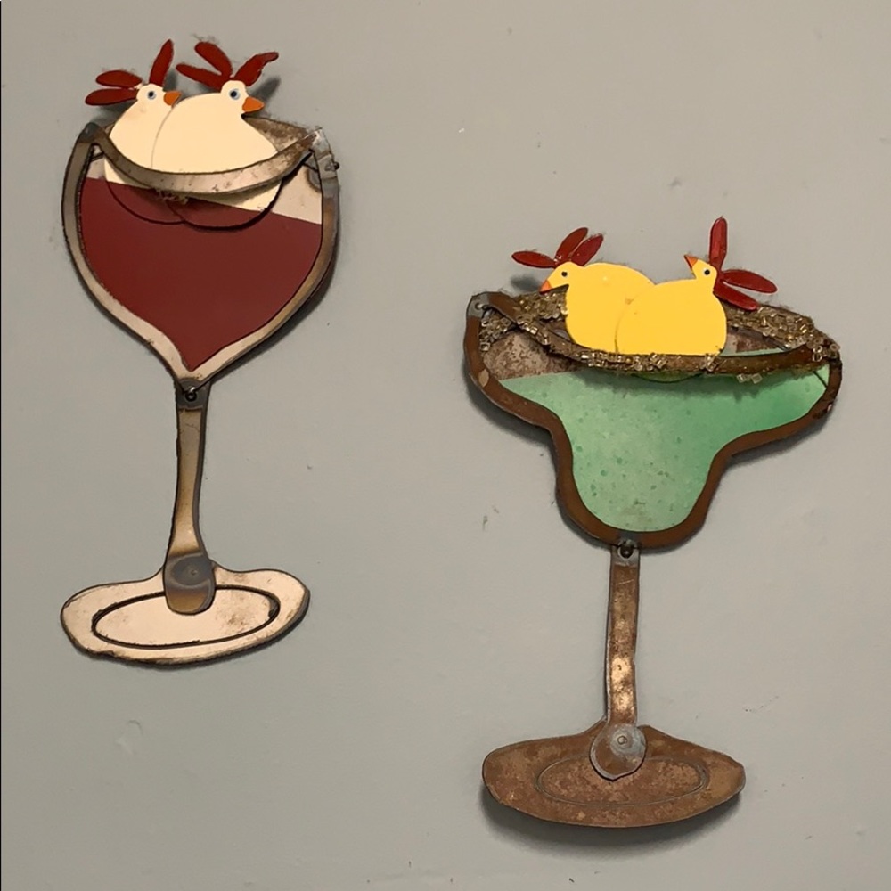 Chickens in wine glass metal art